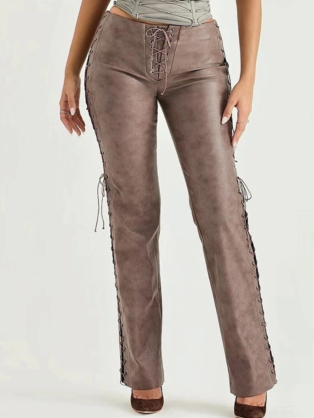 HOUSE OF CB Drew Lace-Up Faux Leather Trousers Brown Small